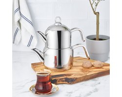 Karaca Manes Medium Thee Waterkoker Set Metalen Waterkoker, Inductie Geschikt, Turkse Thee, Turkse Theemaker, Caydanlık