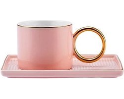 Karaca Soho Set koffiekopjes, 2 personen, 80 ml, roze, espressokopjes en 2 x schoteltjes, robuuste mokkasse, dikke drinkrand, espressokopjes