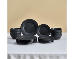 Karaca Solem Embossed, 18-delig servies van steengoed, zwart, elegant servies met borden en kommen, ideaal voor 6 personen