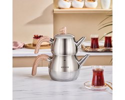 Karaca Verde - Theepot Midi – Inductie Geschikt – RVS Theepot – Turkse Theepot – Dubbele Theeketel – Theeset
