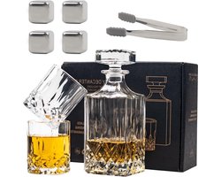 Karaf en glazen set klassieke kristal karaf - whisky cadeau set voor mannen inclusief 4 whisky stenen, tang en 2 glazen