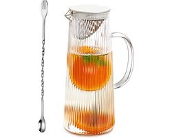 karaf met deksel 1,3 liter, glazen karaf met rvs / bamboe deksel, glazen kan, karaf glas, ideaal voor limonade, water en thee, wit