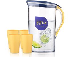 karaf, met deksel en 4 kleine kopjes, geschikt voor thee, sap en koude dranken, 2.1L karaf, gemaakt van transparant PET, geurloze vezel plastic karaf, BPA vrij (geel)