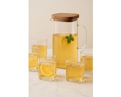 Karaf Set 7-delig – Glazen Karaf met Houten Deksel en 6 Glazen – Water- en Theeset
