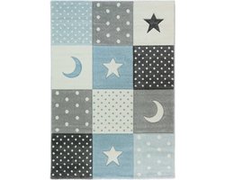 Karpet24 Pastel kids – Zacht Kinderkamer Vloerkleed met Sterren en Manen in Blauw-Grijs -80 x 150 cm