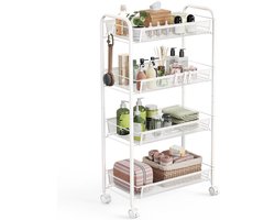Karretje - Opbergkar - Opbergrek - Plank - 4 Laags Metalen Rack - Inclusief 4 Remmen - Wit & Ventilerende Manden - Voor Keuken, Badkamer & Huishouden - Snel In Elkaar Gezet