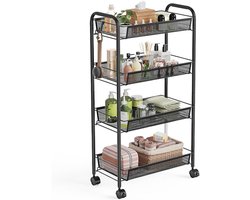 Karretje - Opbergkar - Opbergrek - Plank - 4 Laags Metalen Rack - Inclusief 4 Remmen - Zwart & Ventilerende Manden - Voor Keuken, Badkamer & Huishouden - Snel In Elkaar Gezet