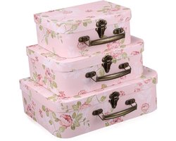 Kartonnen Koffer Set - Decoratieve Dozen - Decoratieve Opslag - Bloemenpatroon Handgrepen - 3 Maten - Roze
