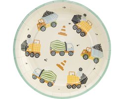 Kartonnen wegwerp bordjes met voertuigen - PARTYDECO - gebaksbordjes met stoere bouw voertuigen 6 stuks - kinderverjaardag