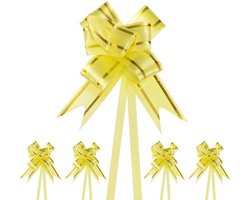 KARZO - 100 stuks lintstrikken, 6,5 cm plastic gouden rand lintstrikken voor geschenkverpakking/bruiloft/bloemen/mandendecoraties, satijnen trekstrikken [gele geschenkstrik]