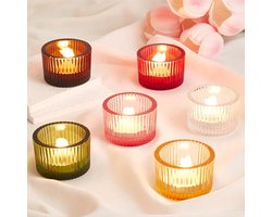KARZO - 12 stuks 6-kleurige theelichthouders, kleine waxinelichthouders voor op tafel, glazen kaarsenhouder voor bruiloften, Thanksgiving, Kerstmis, verjaardagen en woondecoratie
