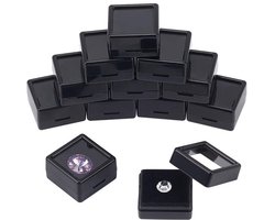 KARZO - 12 stuks edelsteen displaydozen, 1,1 x 1,7 x 1,5 inch zwarte sieraden display container diamant opbergdoos met doorzichtige plastic deksels en spons voor nude steen nude diamant