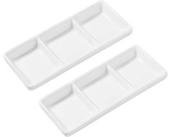 KARZO - 2 stuks 15 cm zuiver wit keramisch dip-dienblad keramisch dip-dienblad met 3 vakken rechthoekig gelijke sausschalen voor gerecht. sojasaus