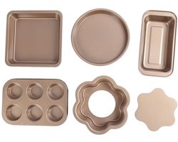 KARZO - 6-delige Bakvormenset met Losse Bodem Koolstofstaal Antiaanbakpannen Sets met Grijze Siliconen Handgrepen, Inclusief Receptenboekje, Ovenveilige Bak voor Toastmuffinpizza (gouden)