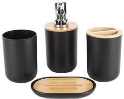 KARZO - Complete set badkameraccessoires met zeepdispenser, tandenborstelhouder, beker en zeepbakje zwart - Stijlvolle toevoegingen voor de badkamer