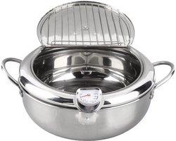 KARZO - Japanse stijl roestvrijstalen diepe frituurpan met thermometer, 2.2L / 3.2L capaciteit, koude handgreep, olie-niveau herinnering, verwijderbaar rooster, tot
