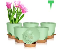 KARZO Plastic Plantenpotten, 6 Stuks Zelfwatergevende Potten met Afvoergaten, Schotels en Reservoir, Moderne Decoratieve (Groen)