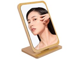 KARZO - Staande tafelspiegel, houten make-upspiegel, verstelbare hoekspiegel om neer te zetten, tafelspiegel met houten sokkel, voor slaapkamer, badkamer, kantoor, school