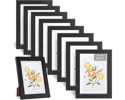 KARZO - Verpakking van 8 zwarte fotolijsten: 13 x 18 cm fotolijst hout, fotolijst A4, echte houten fotolijst om op te hangen en neer te zetten, houten fotolijst voor thuis, kantoor, school, collage, portretten en