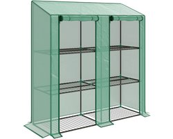 Kas 143×46×151 cm groen metaal en kunststof, 3-laagse kas, kweekkas, plantenkas voor jonge planten, stevig en duurzaam, eenvoudig design, praktisch en mooi, geschikt voor balkon, tuin en terras