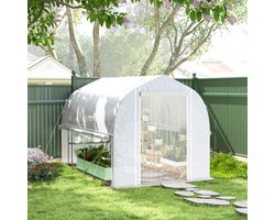 Kas 3 x 2 x 2 m kunststof kas met 4 ramen en een deur, oprolbare zijwanden, uv-bestendige tunnelkas, tomatenkas met gegalvaniseerd stalen frame, wit