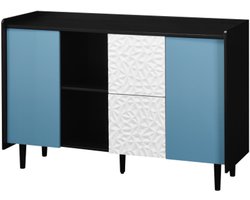 Kast 120x40x80 cm Sideboard Buffetkast Zwart Blauw MDF Moderne Koffiebar Kast Accent MeubelMet Blauwe Deuren 2 Laden Uniek Paneel Design 2 Open Opbergvakken Voor Keuken Woonkamer