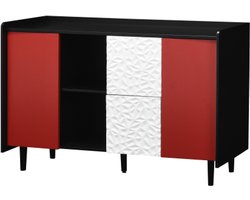 Kast 120x40x80cm Opbergkast Zijkast Zwart Rood MDF Moderne Koffiebar Kast Accentmeubel 2 Lades Met Uniek Paneel Ontwerp 2 Open Opbergvakken Voor Keuken