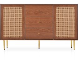 Kast 150x40x90cm Opbergkast Natuur Massief Hout Met 2 Deuren 3 Lades Rattan Deuren Verstelbare Legplanken Moderne Eenvoudige Stijl Voor Woonkamer Slaapkamer