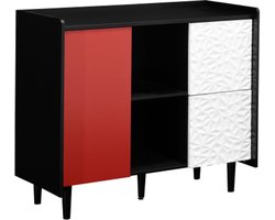 Kast 90x40x80 cm Sideboard Buffetkast Zwart Rood MDF Met Rode Deuren 2 Laden Uniek Paneel Design 2 Open Opbergvakken Moderne Koffiebar Kast Accent Meubel Voor Keuken Eetkamer