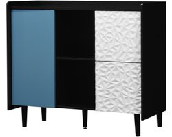 Kast 90x40x80cm Opbergkast Zijkast Zwart Blauw MDF Moderne Koffiebar Kas 2 Lades Met Uniek Paneel Ontwerp 2 Open Opbergvakken t Accentmeubel Voor Keuken
