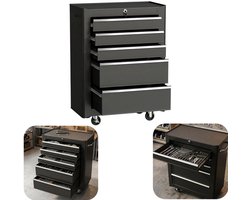 Kast - Gereedschapskast - Opbergkast - Opbergkast met slot - Ladekast - Vijf lades - Grote capaciteit - Stevig - Met wieltjes - Met handvat - Opbergaccessoires - Geschikt voor garage, werkplaats, autoreparatiewerkplaats (zwart, 61,5*82,5 cm)