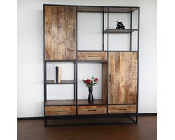 Kast industrieel mangohout Dani bruin mango hout wandkast 200cm vakkenkast mango duurzaam