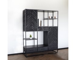 Kast industrieel mangohout Lio zwart mango hout wandkast 180cm visgraat vakkenkast mango duurzaam