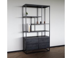 Kast industrieel mangohout Milo zwart mango hout wandkast 180cm vakkenkast mango duurzaam
