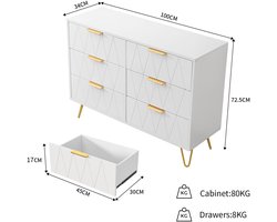 Kast met 6 lades, sideboard ladekast kommode bijzetkast, smalle kast voor woonkamer slaapkamer gang 100x34x72cm, wit