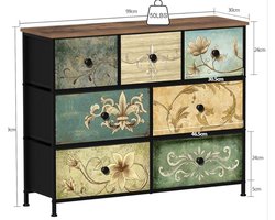 Kast Met 7 Laden – Ladekast – Opbergkast – Commode – Organizer – Stoffen Laden Met Vintage Patroon – Houten Bovenblad En Stevig Metalen Frame