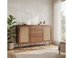 Kast met lades en deuren Retro Design, Houten Opbergkast met Rattan Deuren en Verstelbare Plank voor Slaapkamer, Woonkamer en Hal – House&Garden