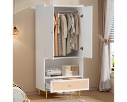 Kast met twee deuren - met rieten lade en kledingstang - slaapkamerkast - met metalen poten en metalen handgrepen - wit - 80x48x175 cm