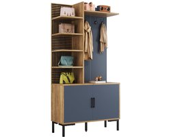 Kast – Opbergkast – Kledingkast – Garderobekast – Schoenenkast – Metalen Frame – Verstelbare Planken & Haken – Wit Donkerblauw – Ruimtebesparend – Eenvoudig Montuur