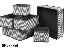 Kast Organizers - Set: 6 Stuks - Multifunctioneel Opberg Box/Doos/Mand/Vakken - Lade Verdeler Opbergsysteem - Kleding/BH/Sokken/Ondergoed/Speelgoed/Badkamer/Keuken - Grijs/Zwart