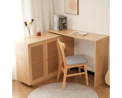 Kast-schrijftafel L-vorm, computertafel met opbergruimte & kast, ruimtebesparende hoekschrijftafel 360° draaibaar, moderne kantoortafel in wit-natuur voor kantoor & thuiskantoor (Natural+