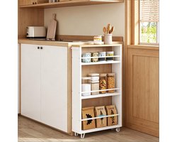 Kast Smal - 47 x 80 x 13 cm - Metaal en Hout - Wit en Lichte Eik - Met Wielen - 3 Open Planken Voor Keuken en Woonkamer