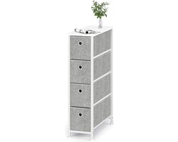 Kast, smalle commode met 4 laden van stof, kasten, organizer, metaal, smal opbergsysteem, ruimtebesparend voor woonkamer, slaapkamer, kantoor, keuken, slaapzaal, hout, staal, wit en grijs