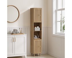 Kast - Smalle Opbergkast Met 2 Deuren En Open Vakken - Vrijstaand Voor Badkamer, Wasruimte En Hal - MDF - Eikenkleur - 32x30x169 Cm