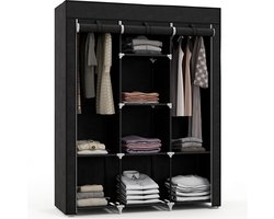 Kast van stof, opbergoplossing, 8 planken, 2 kledingstangen, zwart