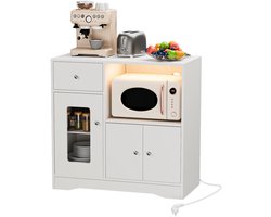 Kast -Witte kast -Houten bijzetkast met oplaadstation, één lade, met magnetronrek en verlichting, geschikt voor de keuken en de woonkamer