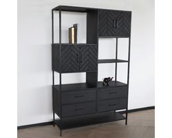 Kast zwart industrieel Ivy mangohout visgraat 190cm hoog vakkenkast wandkast