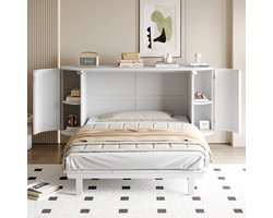 Kastbed 140 x 200 cm - opklapbaar kastbed - verticaal kastbed met bedbodem - met opbergvakken - rieten ontwerp - wit - zonder matras