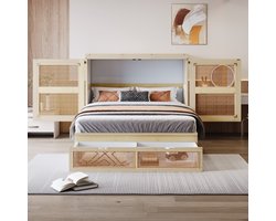 Kastbed 140x200 cm - opklapbaar muurbed - verticaal kastbed met bedframe - met opberglades - rotan ontwerp - houtkleur - zonder matras