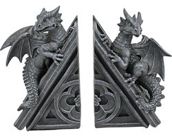 Kasteel Draak Gotische Decor Decoratieve Bookend Beelden 2025 cm Set van 2 Polyresin Grijze Steen - Unieke Decoratie book ends